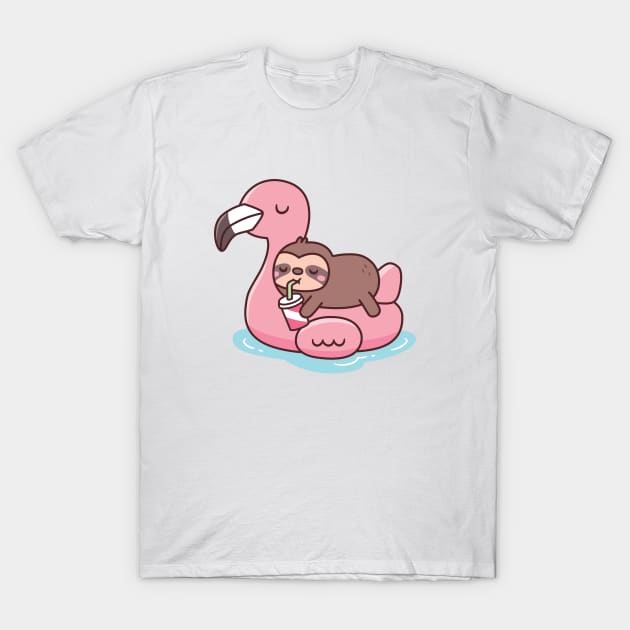 Cute Sloth Chilling On Pink Flamingo Pool Float T-Shirt by rustydoodle